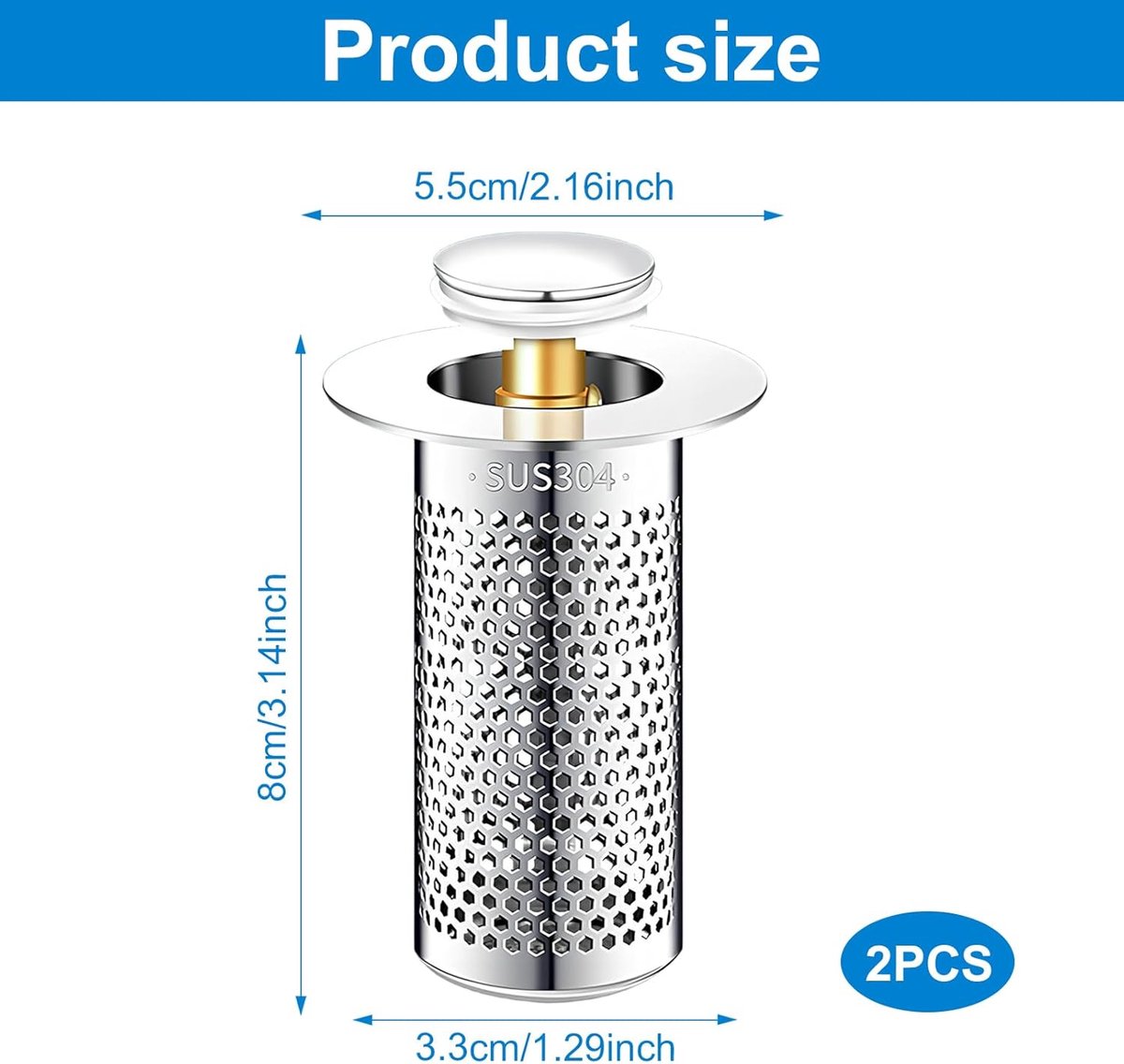 SnelShoppen - 2x RVS Afvoerplug, Lange Pop-Up Afvoerfilter, Doucheputje Haarvanger, Verwijderbare Badkamer Afvoerstopper, Badkuip Sink Drain Strainer
