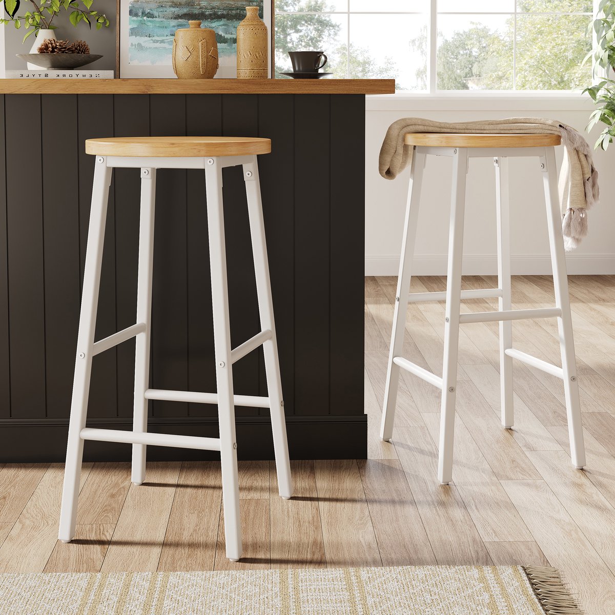 STILVORA Barkruk 30 x 30 x 63 cm - Set Van 2 Met Houtlook Zitting En Dubbele Voetsteunen - Voor Keukenbar En Toonbank - MDF Metaal Wit