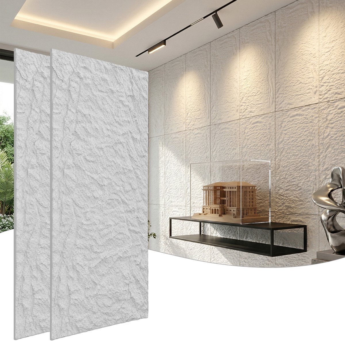 Froadp 4 stuks Plaatwerk met rotslook, 120 x 60 cm, 5 cm dik wandpanelen, PU-wandbekleding Zuiver wit