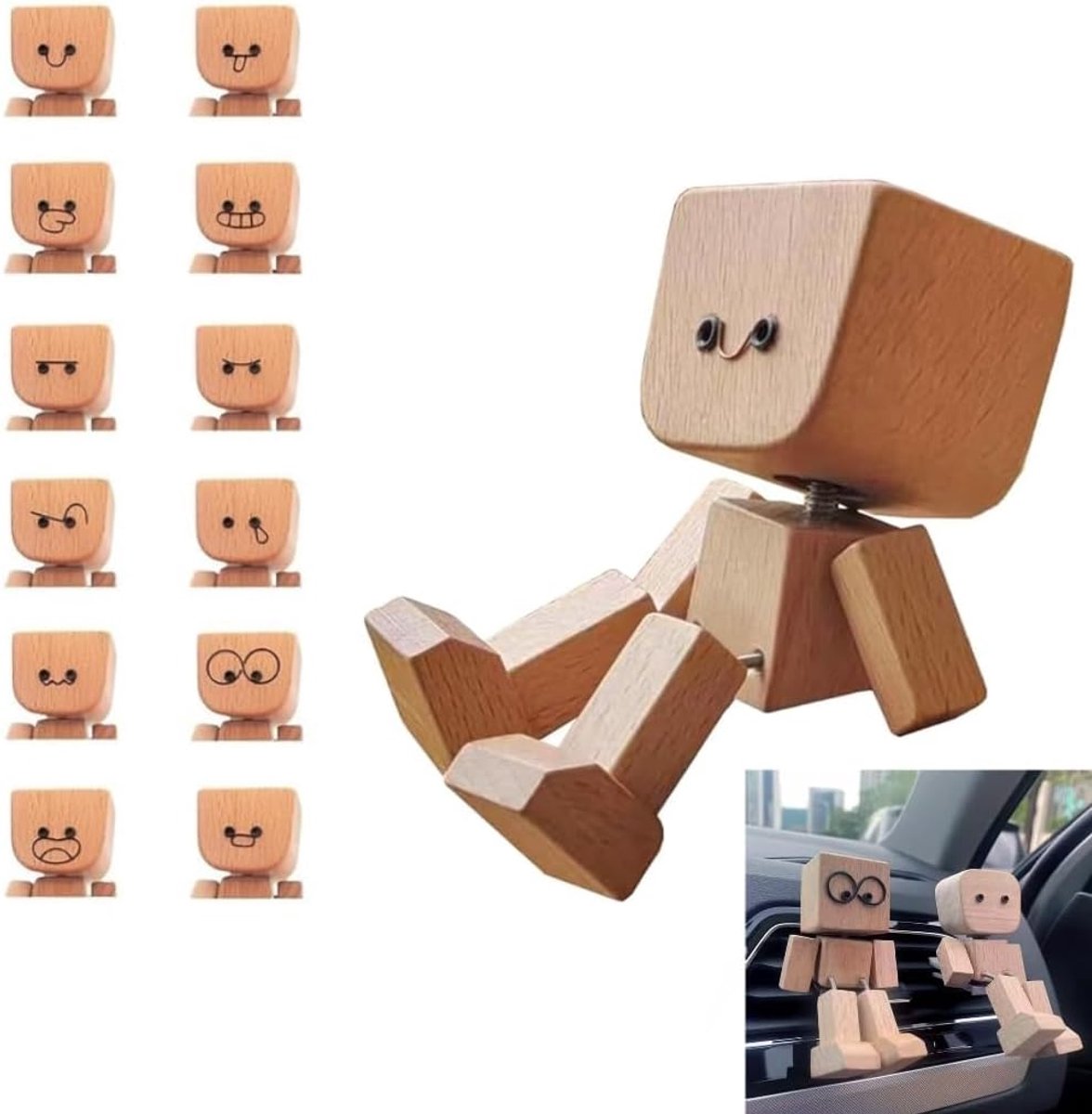 SnelShoppen - Wobbly Wooden Man Wobbelfiguur Houten Man met 12 Magneten, Handgemaakt Auto Dashboard Decoratie met Gezichtsuitdrukkingen