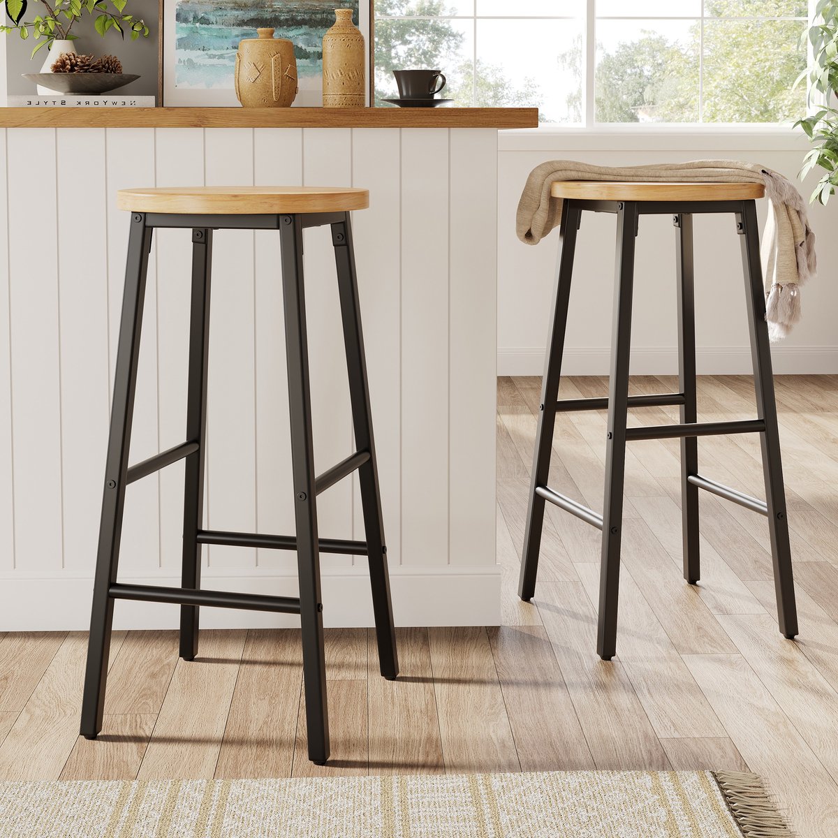 Sweiko Barkruk - Set van 2 - Houtlook - Metalen frame - 2 voetsteunen - Zwart