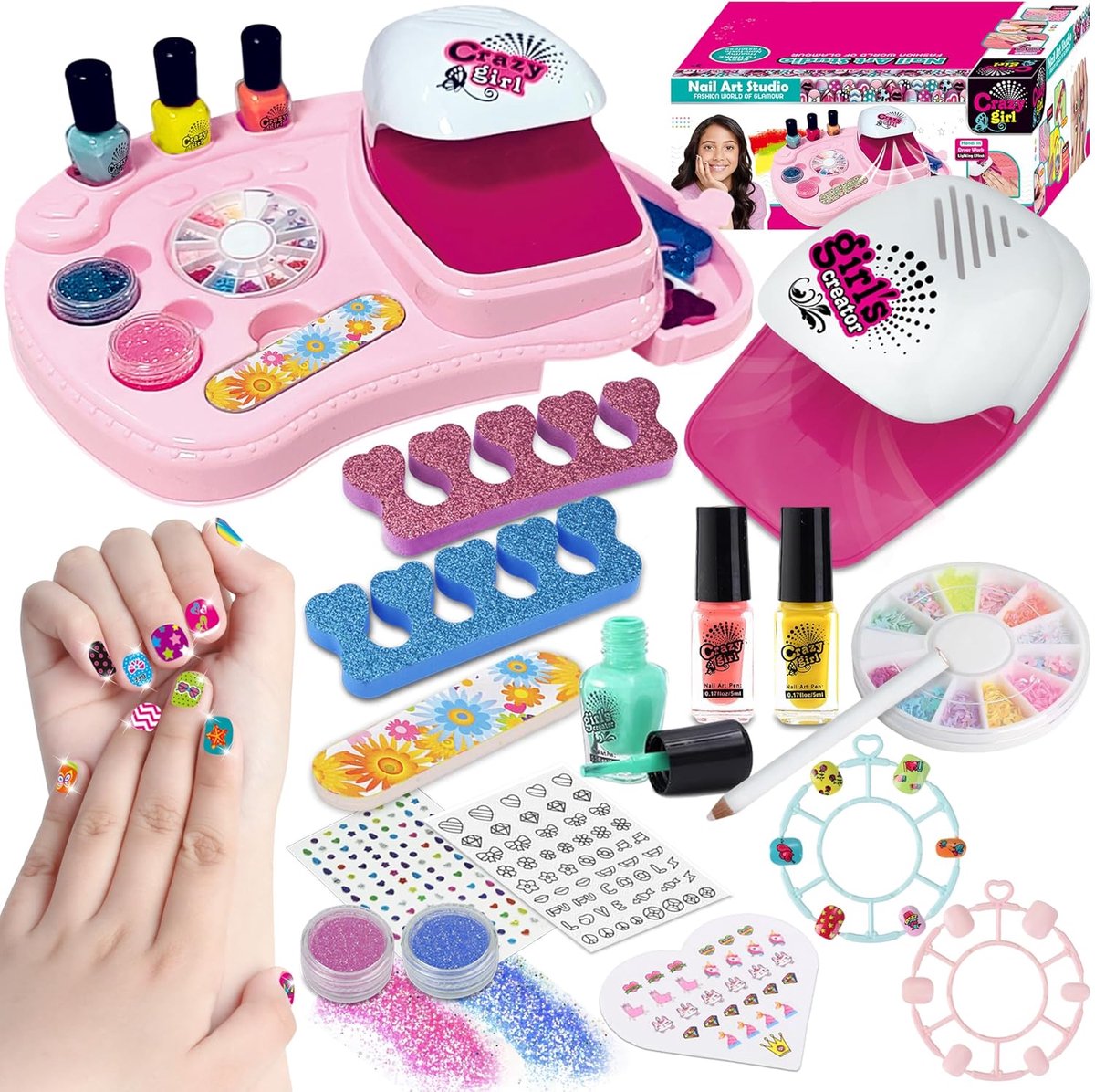 SnelShoppen - 16Pcs Kindernagellak Set voor Meisjes met Nageldroger, 3 Snelle Droog Nagellak Kleuren, Nagelsalon Studio Make-up met Opbergdoos - Verja