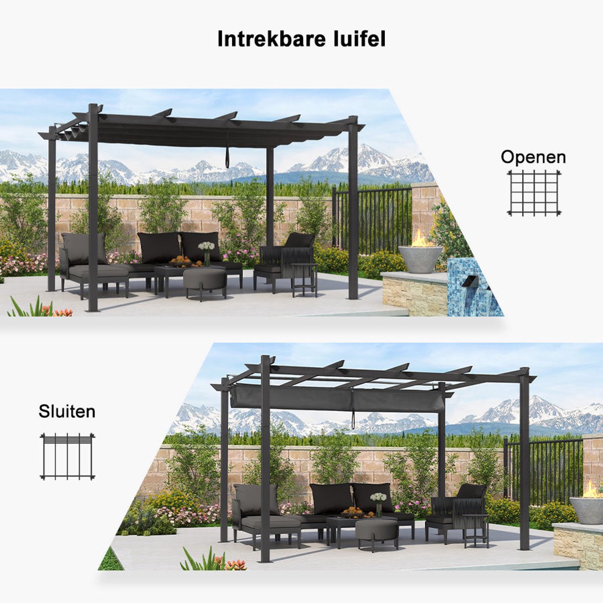 Purple Leaf Pergola avec toit de protection 4 x 3 m - structure marron, toile grise