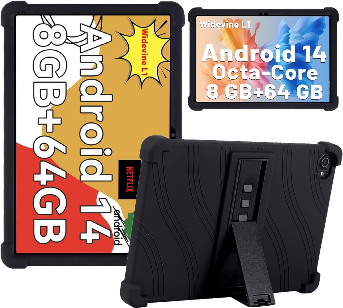 SnelShoppen - Shockproof Rugged Silicone Case voor 10 Inch Android Tablet - Kickstand, Zwart, Volledige Bescherming, Geschikt voor HOTC101/Yicty/C10