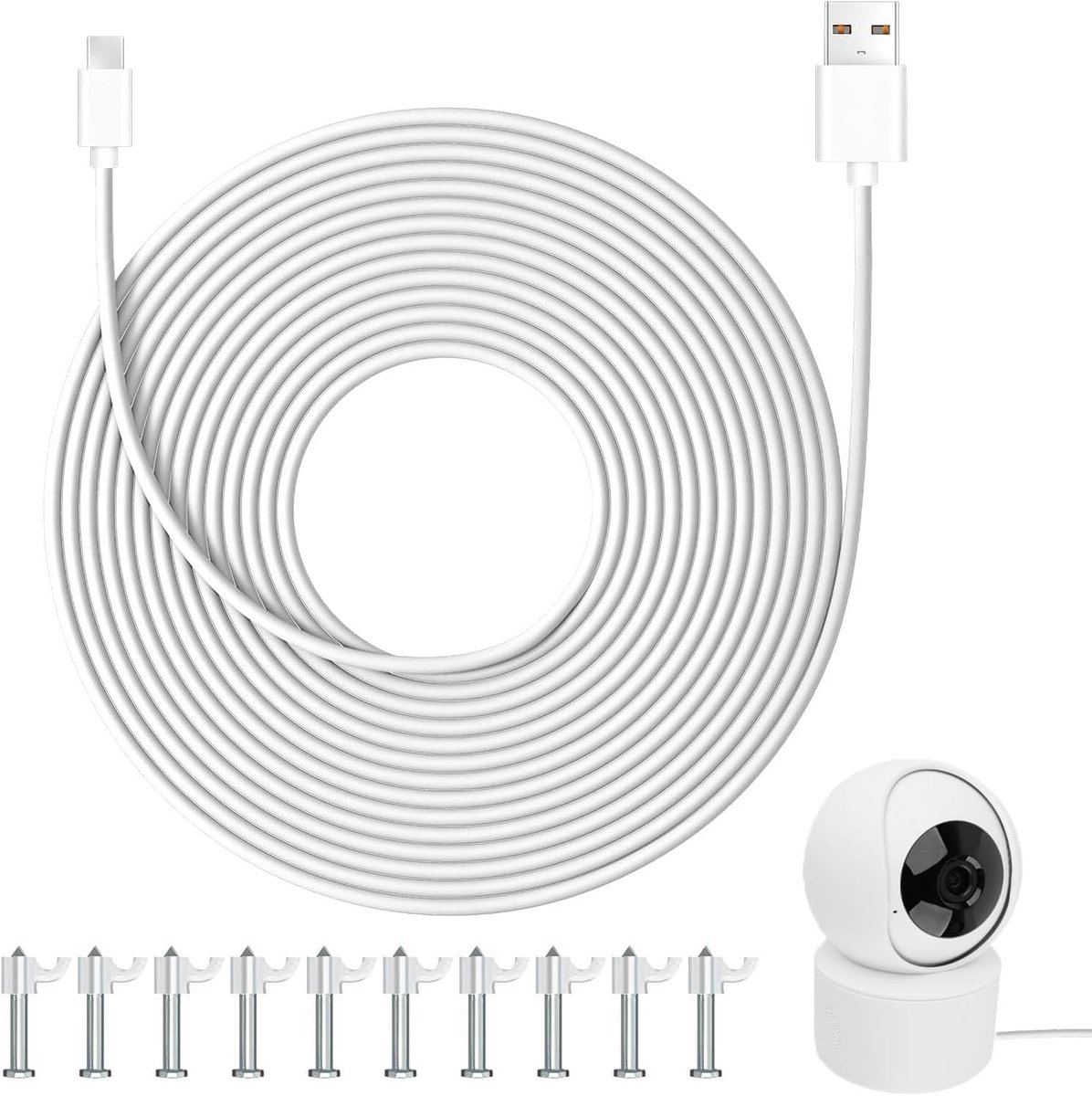 SnelShoppen - 10m USB-C Kabel - Snellader - Compatibel met Beveiligingscamera's - Duurzaam PVC - Inclusief 20 Klemmen - Ideaal voor Thuis en Buiten