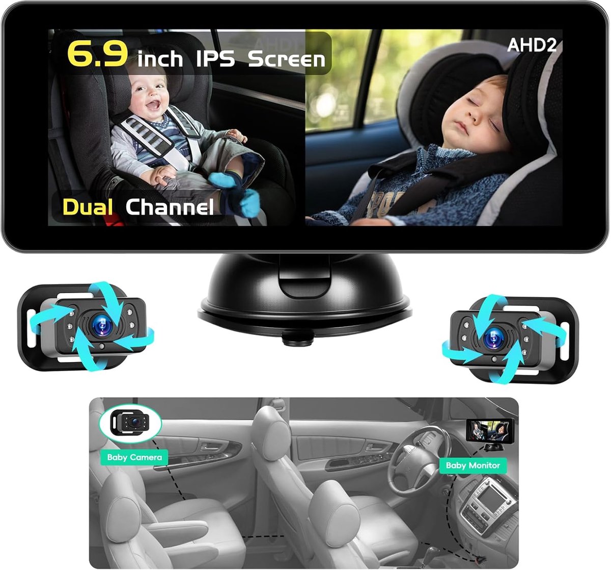 SnelShoppen - Hikity Baby Monitor Auto – 6,9 Inch HD Monitor met 2 Camera's, Nachtzicht, Groothoeklens, Zuignaphouder, DC 12V, Autostoel Bewaking voor