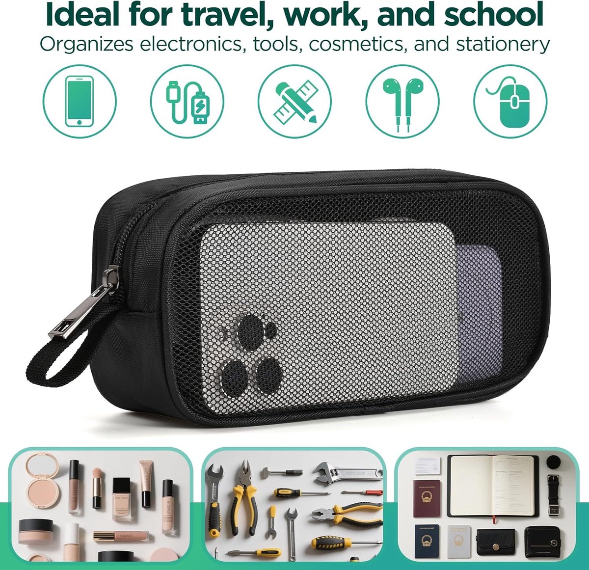 SnelShoppen - Ademend Mesh Nylon Reis Organizer - Draagbare Kabel en Gereedschap Tas voor Laptop Charger, Muis, Powerbank, USB Kabels, Adapters, Klein — cadeau in Cadeau-ideeën - foto 4