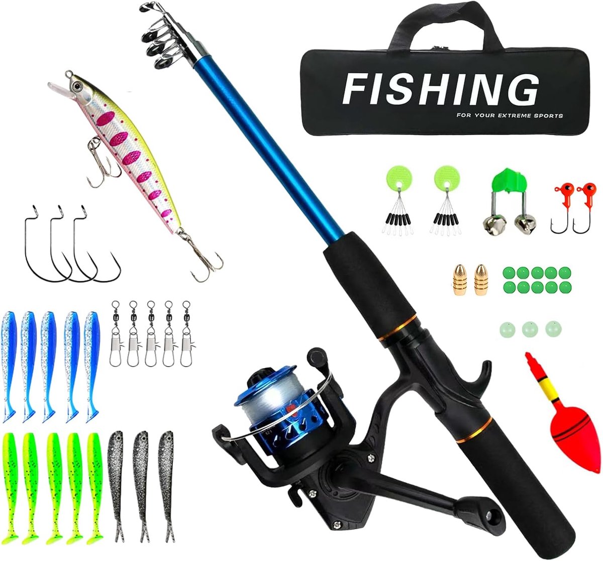 SnelShoppen - Kids Fishing Rod Set 1.6m Telescopische Hengel voor Zoetwatervissen met Hengelrol en Aas Set, Inclusief Draagtas voor Kinderen 3-10 Jaar