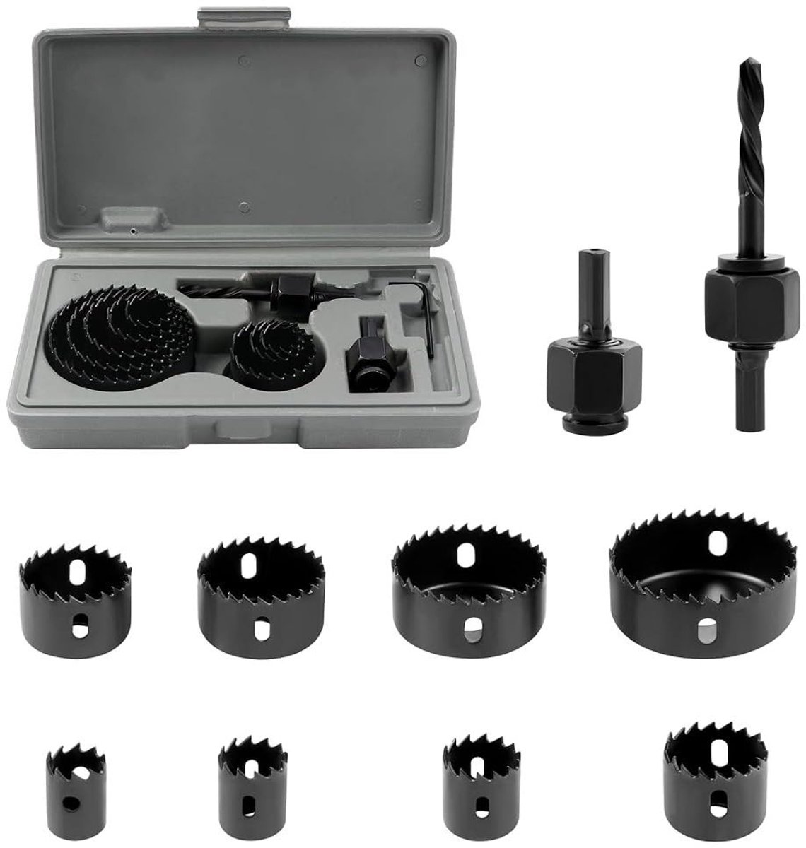 Complete Set van 11 Holzaag Boren voor Hout, Plastic en Gipsplaat van 19 mm tot 64 mm met Inbussleutel en Handvat