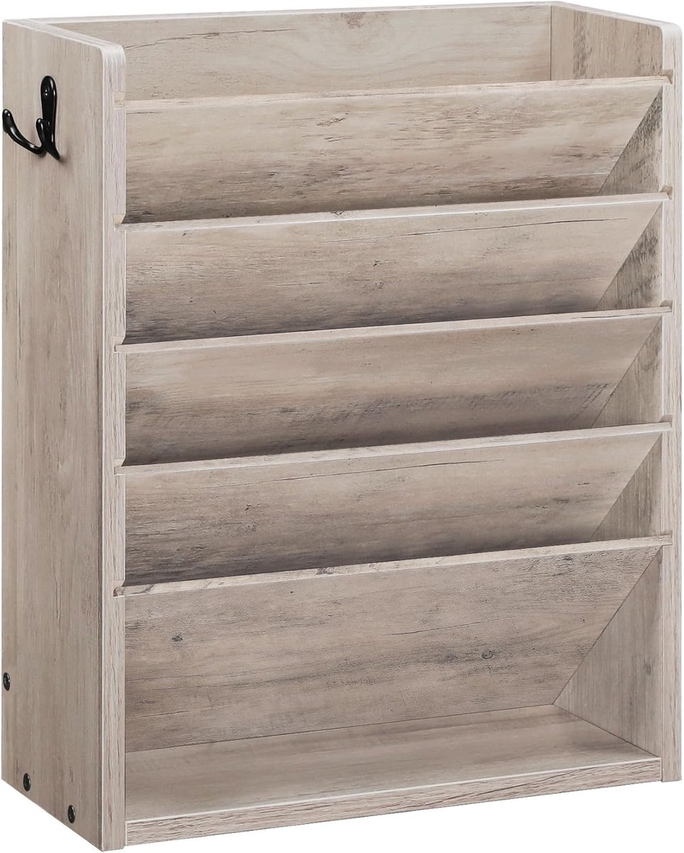 SnelShoppen - Wandarchief Organizer met 6 Laags Verticale Houder, Houten Magazinehouder met Zijhaken, Bureau Organizer met Onderlade voor Kantoor en T