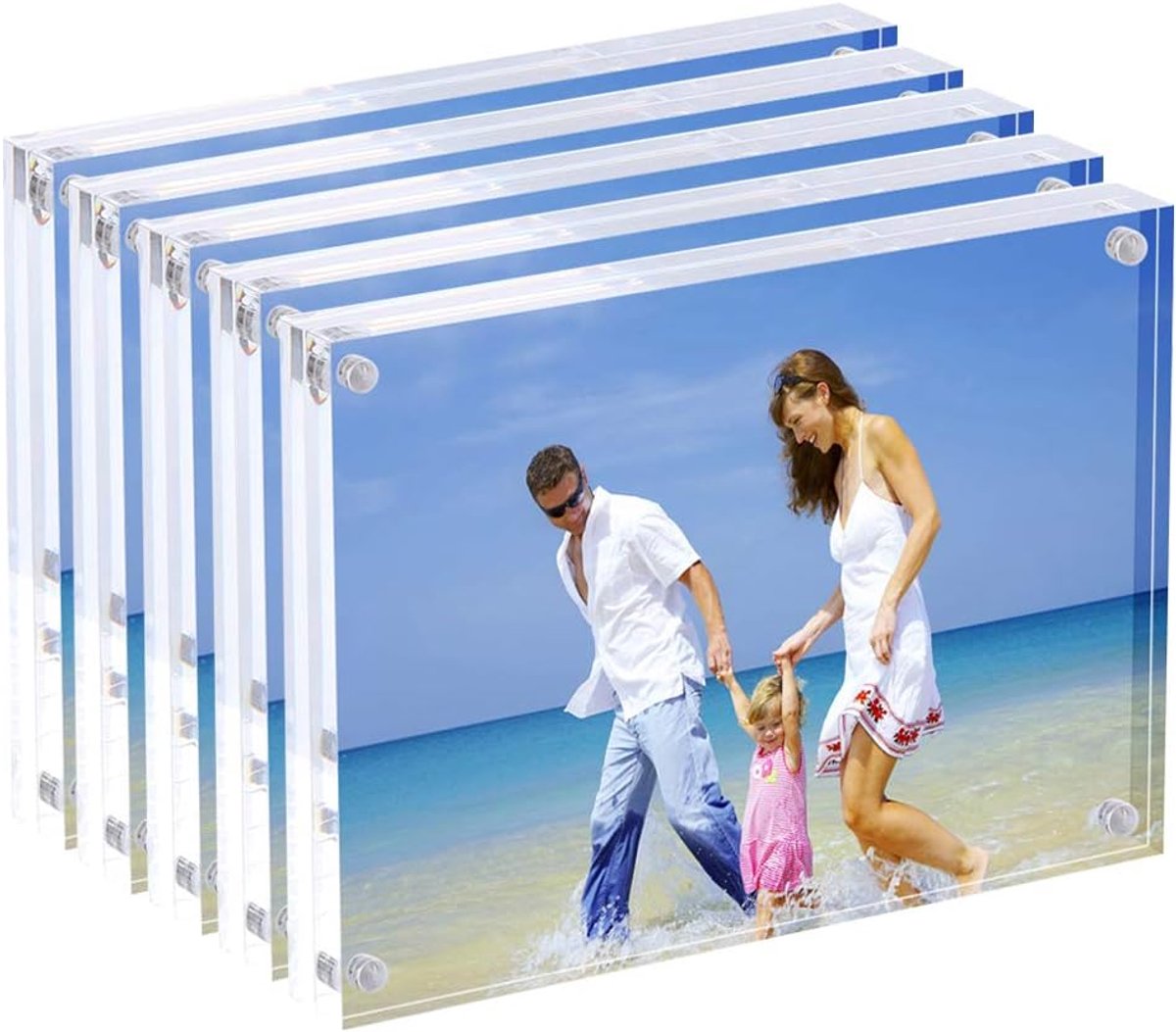 SnelShoppen - Acryl Fotolijst 5x7 Inch Magnetische Fotolijsten, 10 + 10mm Dikte, Staand op Bureau of Tafel, Transparant - Set van 5