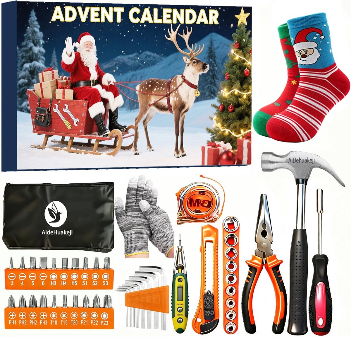 SnelShoppen - 24 Dagen Adventskalender 2025 voor Mannen met Gereedschap - Handige Tool Accessoires zoals Klauwhamer, Naaldtang en Rolmaat - Perfect vo