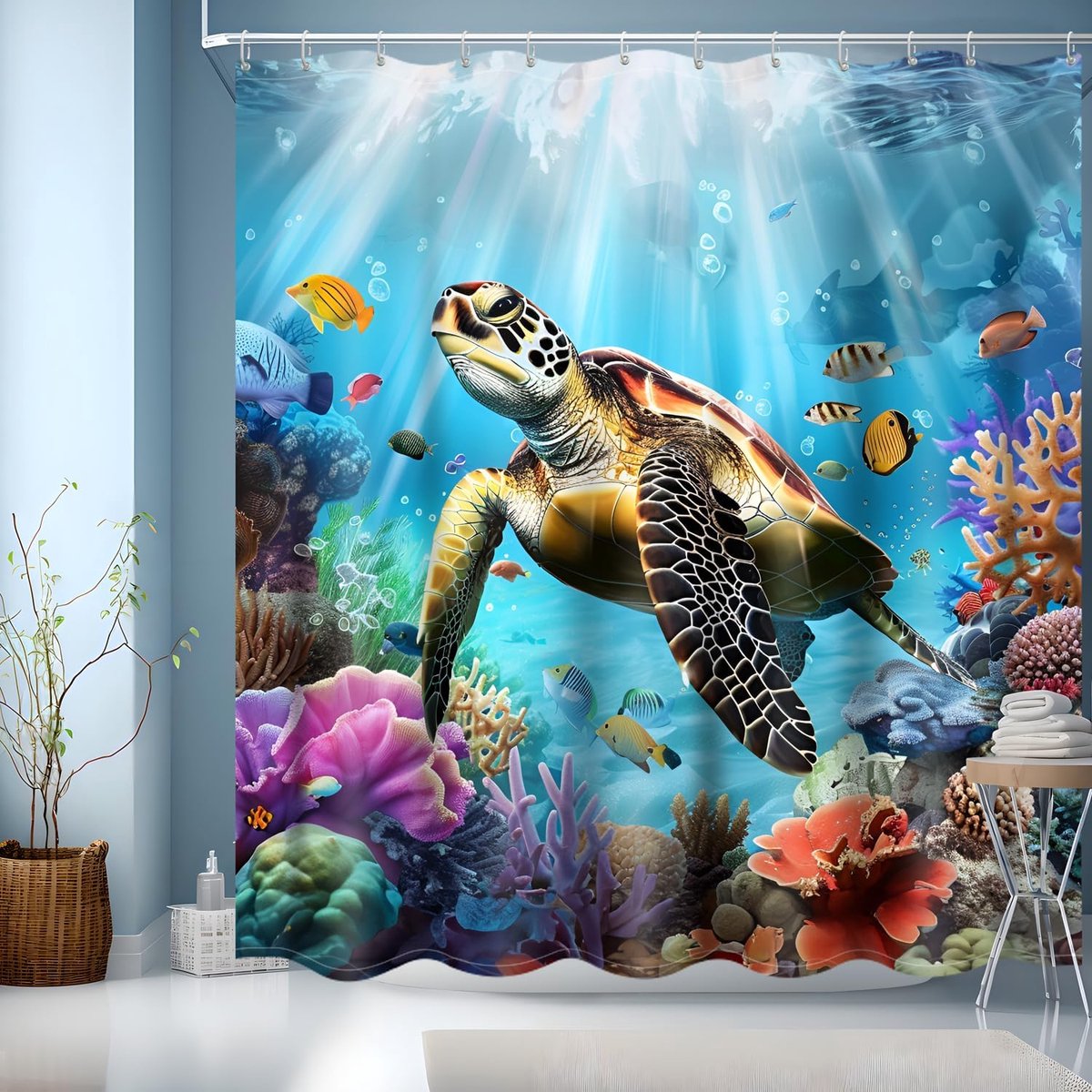 SnelShoppen - Heavy Duty Polyester Waterdichte Douchegordijn Liner 3D Natuur Zee Badkamer Gordijnen, Schildpad Douchegordijn met Haakjes (180x200cm)