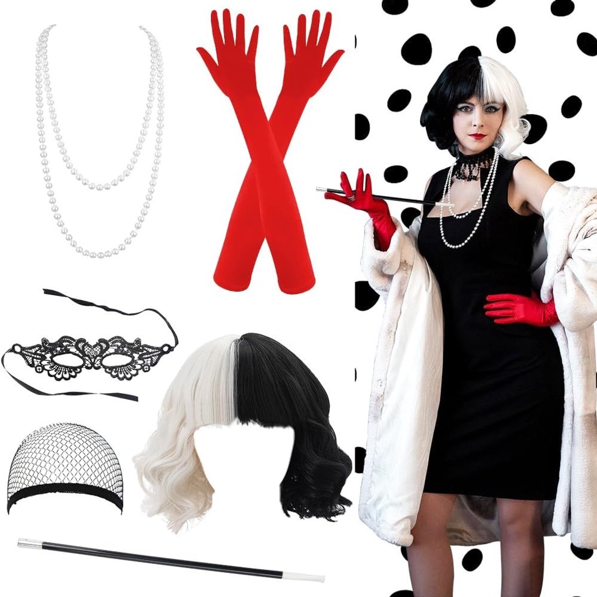 Halloween Kostuum voor Vrouwen met Duivelse 70s Accessoires, Cosplay Perücke, Kantmasker, Handschoenen en Parel Sieraden voor Carnaval