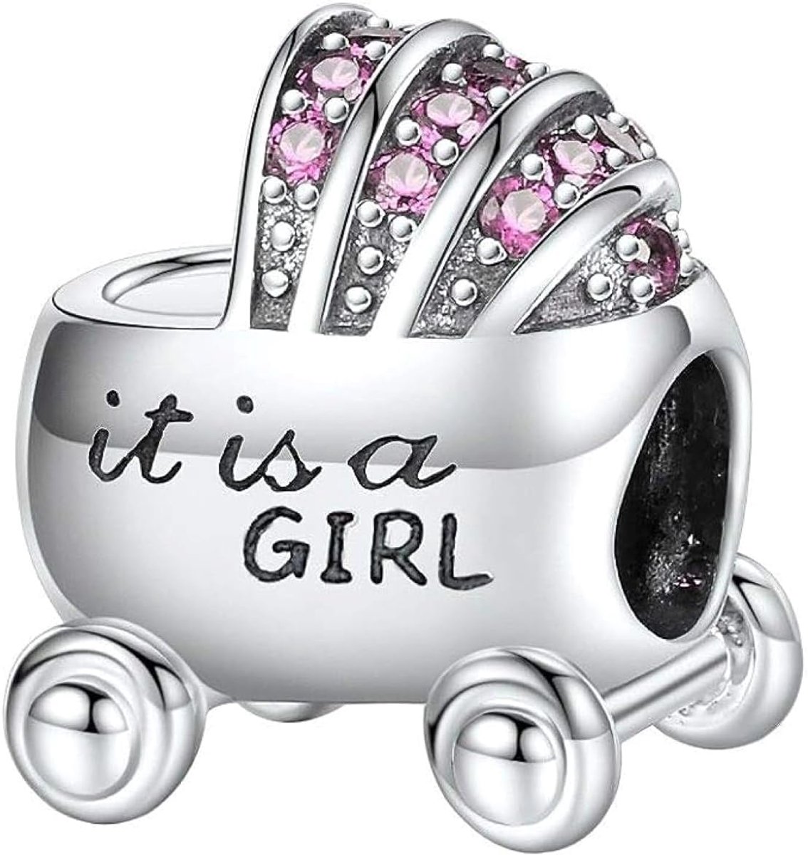 Fler® | Bedel | Past op populaire bedelarmbanden (standaard - 3mm) | Kinderwagen Bedel 'It's a Girl' | Hangbedel Charm | 925 sterling zilver | Roze zirkonia | Zwarte emaille | Valentijnsdag Cadeau | Sinterklaas kado | Kerstcadeau |Verjaardagsgeschenk