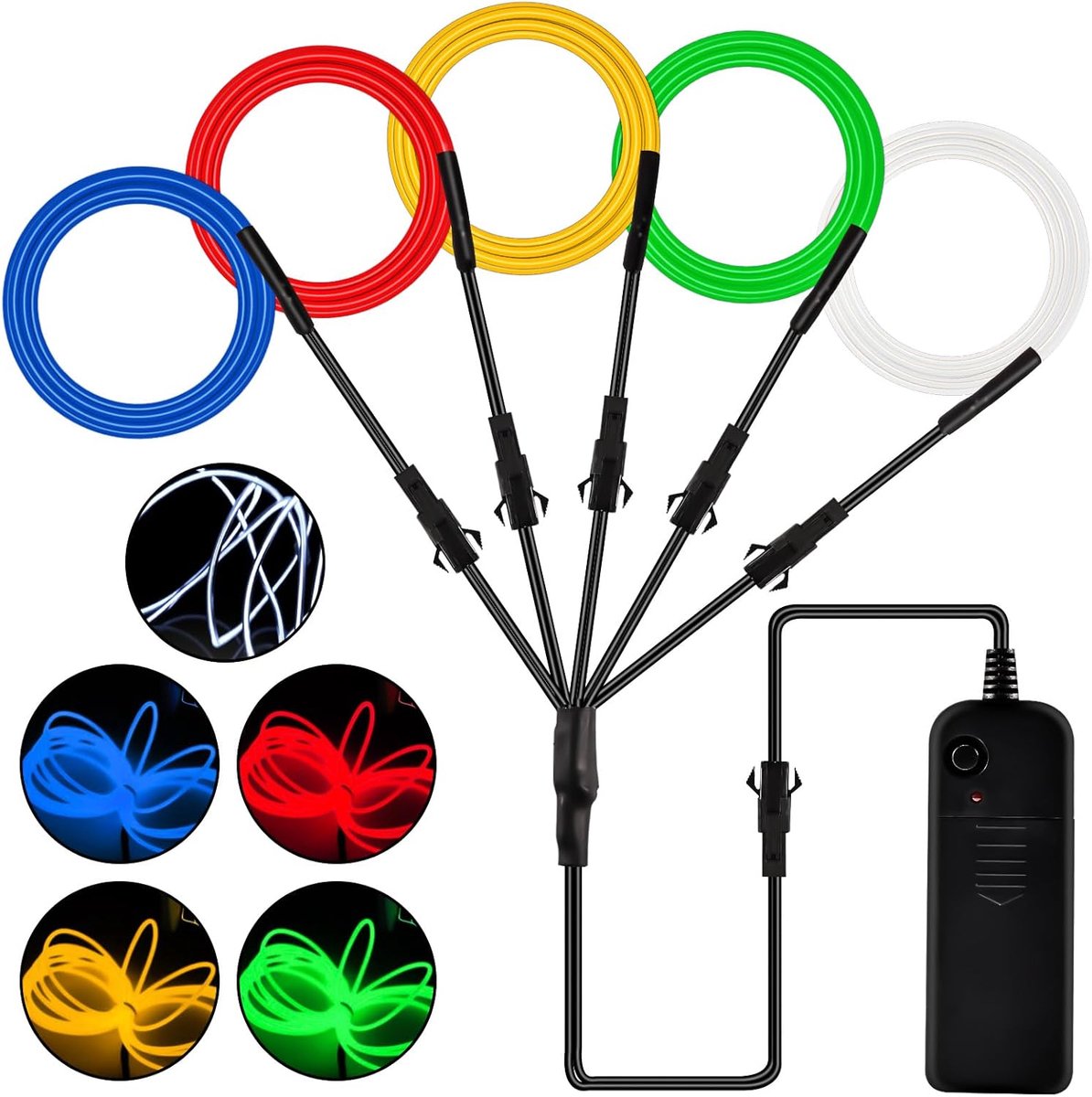 SnelShoppen - EL Wire Neon Lights 5x1m LED Lichtslang voor Feest, Halloween, DIY Kostuums - Blauw, Groen, Rood, Geel, Wit - Flexibele Verlichting voor