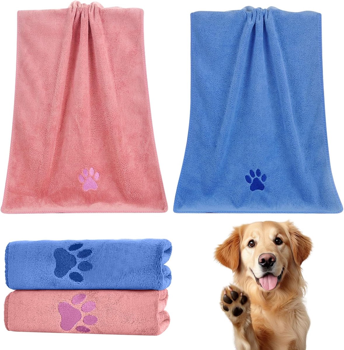 2 stuks - Microvezel handdoek - 50*100 cm - Hondenhanddoeken - Hondenbadjas - Honden handdoek - Huisdierbadhanddoek - Badjassen voor huisdieren - Hondendoek - Superabsorberend - voor honden en katten, na het baden, regen en op reis - blauw, roze