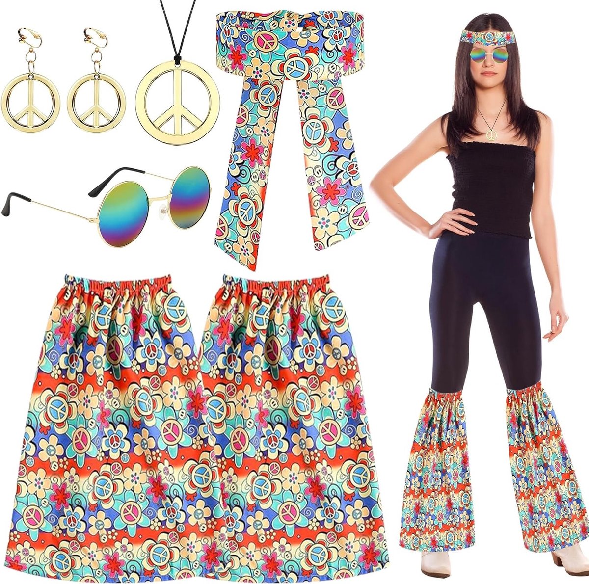 Hippie Kostuumset voor Dames met Leggings, Accessoires en Zonnebril voor Carnaval en Themafeesten