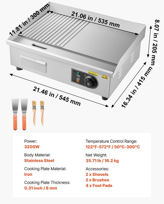 Velmio Elektrische Grill/Bakplaat - 22 Inch Half grill - Teppanyaki Bakplaat - Grillplaat - Elektrische Grill - Grill apparaat RVS - 1600 W/3200 W - 50℃ tot 300℃ - Voor Professioneel en Thuisgebruik - Inclusief 2 Spatels & Kwastjes — afbeelding 2