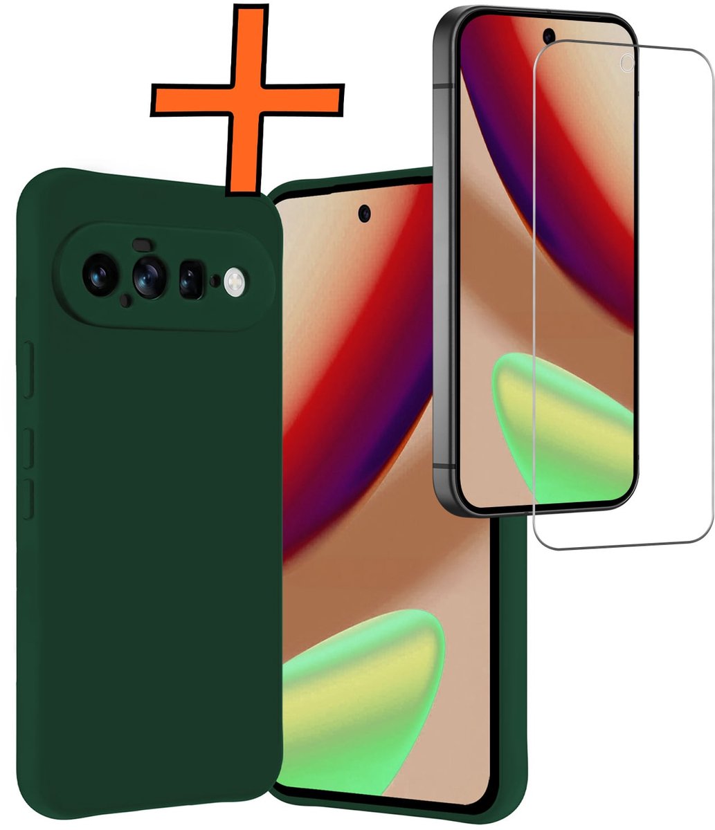 Hoes - Met Screenprotector - Geschikt voor Google Pixel 11 - Sterk & Shockproof - Back Cover - Siliconen Case - Telefoon Hoes - Donkergroen