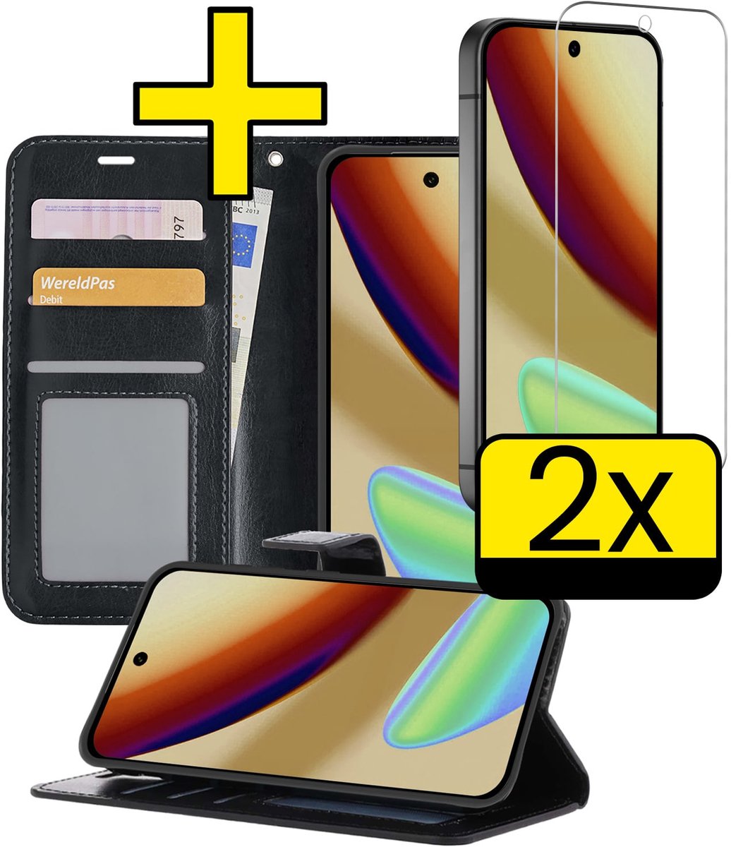 Hoesje - Met 2x Screenprotector - Geschikt voor Google Pixel 11 - Luxe Pasjeshouder - Bookcase Portemonee - Flip Case - Kunstleer Book Case - Flipcase Hoes - Book Cover - Walletcase - Portemonneehoes - Telefoonhoesjes - Zwart