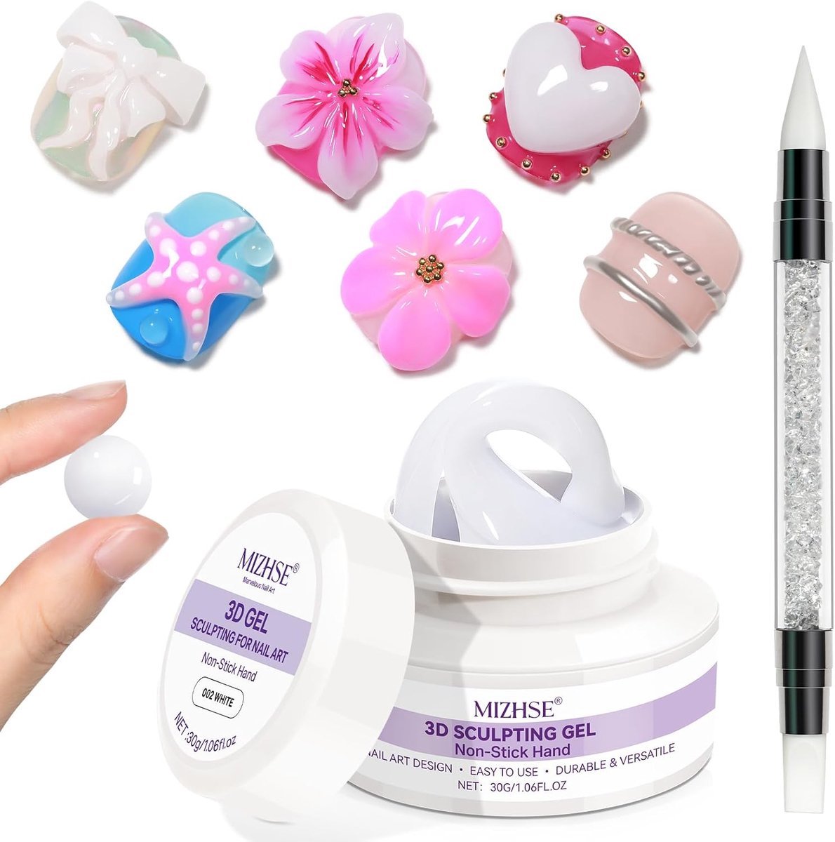 SnelShoppen - 30G Witte 3D Sculptuur Nagel Gel voor Modeling, Niet-Plakkerige Coating, Rhinestone met Siliconen Nagelkwast, DIY Manicure Tools voor Fe