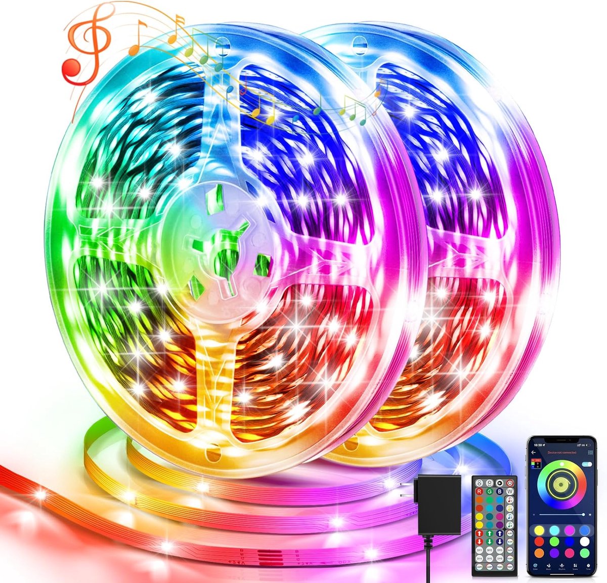 SnelShoppen - LED Strip Licht voor Slaapkamer 30 m (2 x 15) Bluetooth App Bediening RGB Verlichting met Muzieksynchronisatie en Timer voor TV, Keuken,