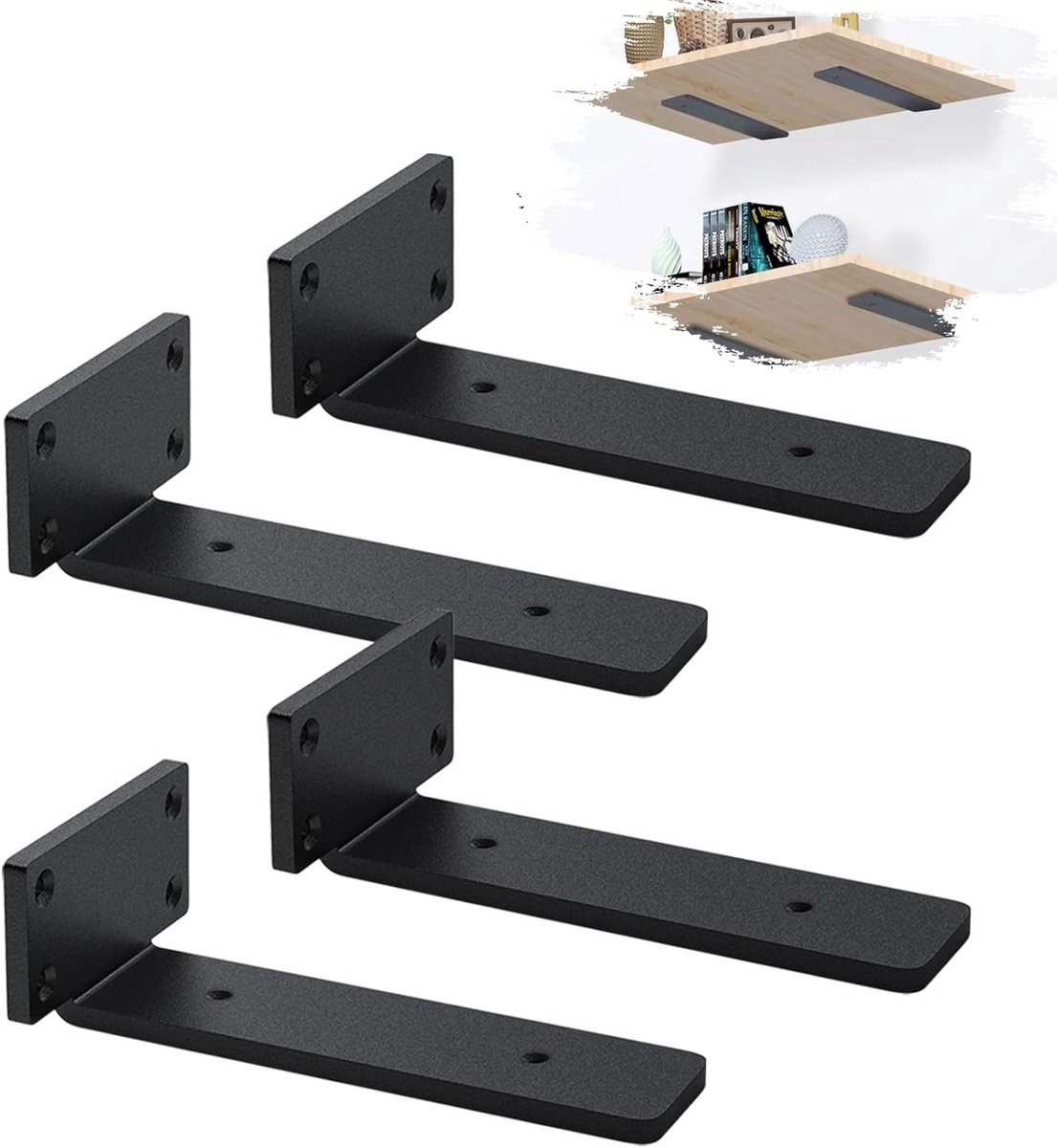 SnelShoppen - 4 Stuks Zwarte Stevige Plankdragers - L-vormige Stalen Planksteunen 5mm Dikte - Ideaal voor Wandplanken in Keuken, Woonkamer en Tuin