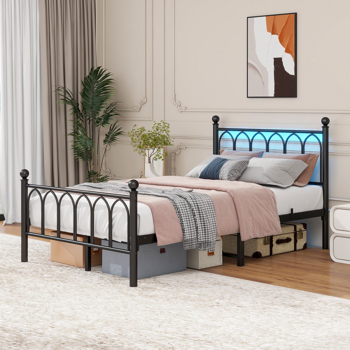 Metalen Bed 120x200 cm - Met Hoog Hoofd- en Voetbord, LED en USB-Laadpunt - Onderbed Opbergruimte - Zonder Matras - Zwart