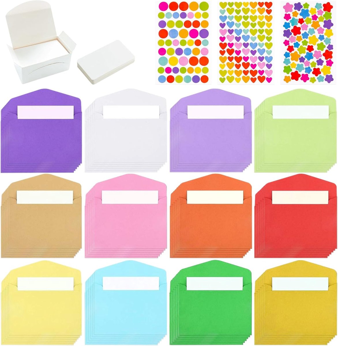 SnelShoppen - 72 Mini Enveloppen Set met 100 Witte Kaarten en 3 Stickervellen - Perfect voor Bruiloften, Verjaardagen, Feestjes - 12 Kleuren Inclusief