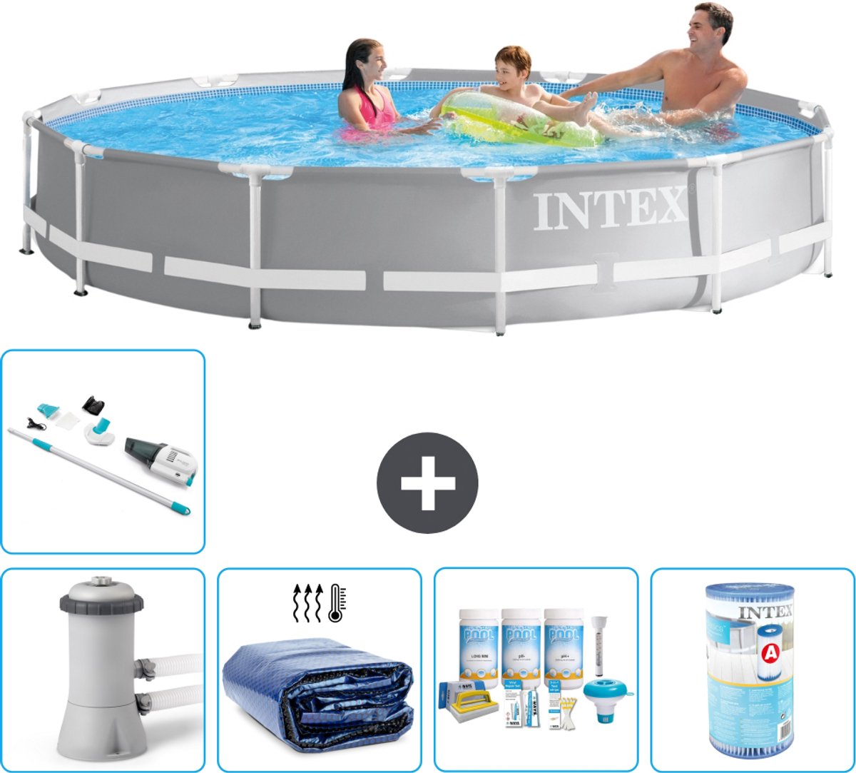 Intex Rond Prism Frame Zwembad - 366 x 76 cm - Grijs - Inclusief Pomp - Solarzeil - Onderhoudspakket - Filter - Stofzuiger - 6-delig