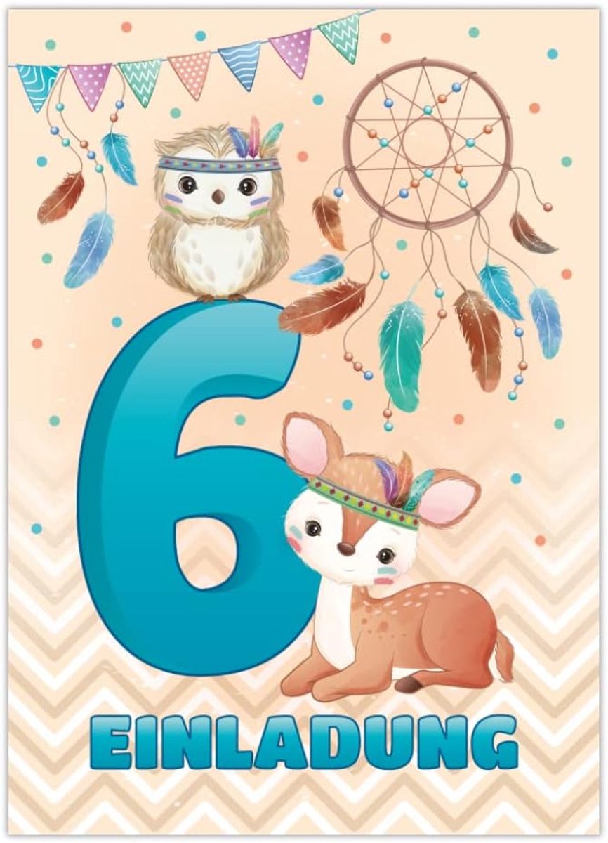 SnelShoppen - 12 Uitnodigingskaarten voor 6e Verjaardag - Kinderen, Dieren, Indian Owl, 10.5x14.8 cm, 300g/m², Feest, Verjaardagsfeest, Kleurig, Voor