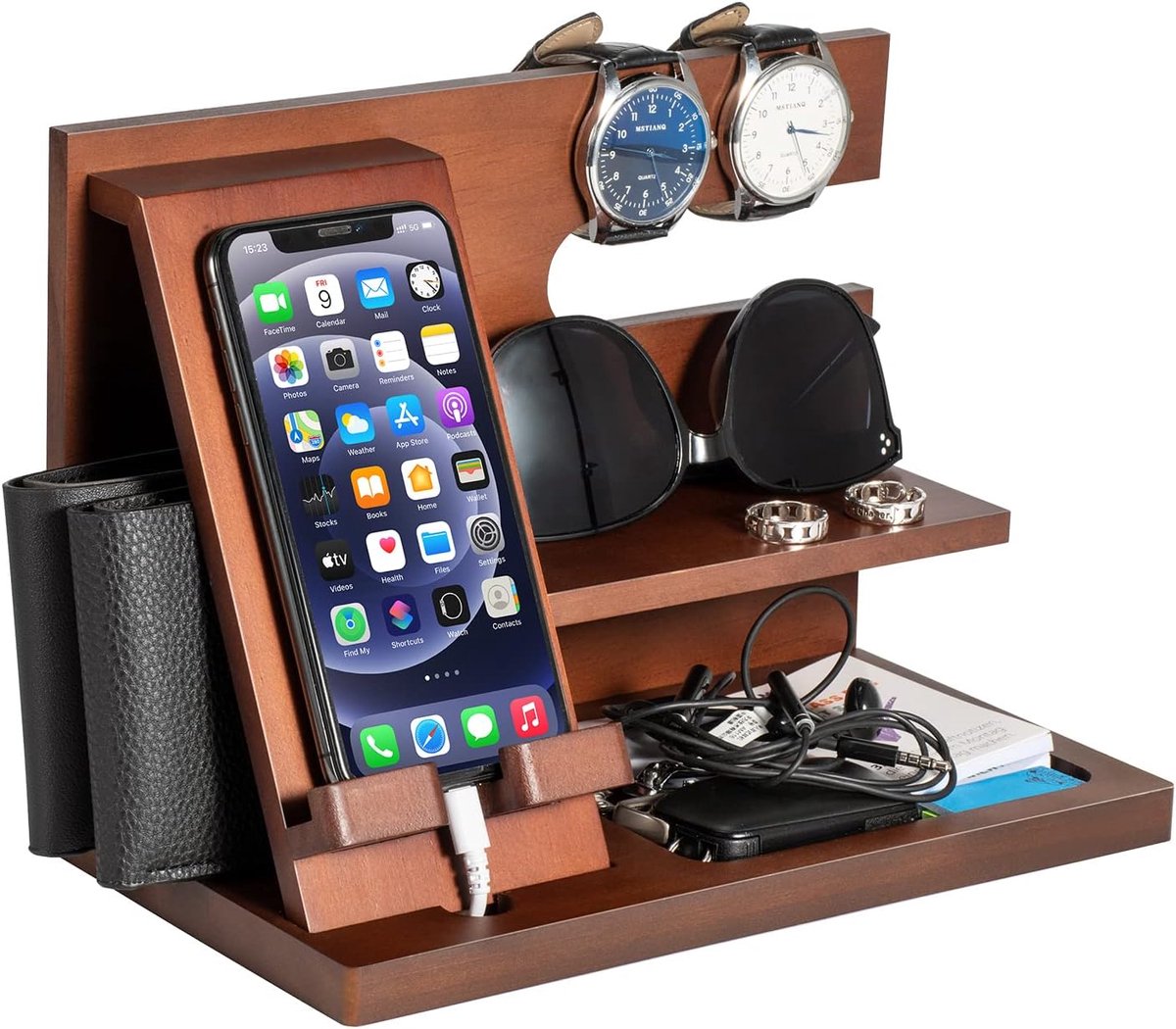SnelShoppen - Houten Docking Station voor Mannen - Opruimstation voor Telefoon, iPhone & Android - Perfecte Cadeau voor Vader, Echtgenoot, Grootvader,