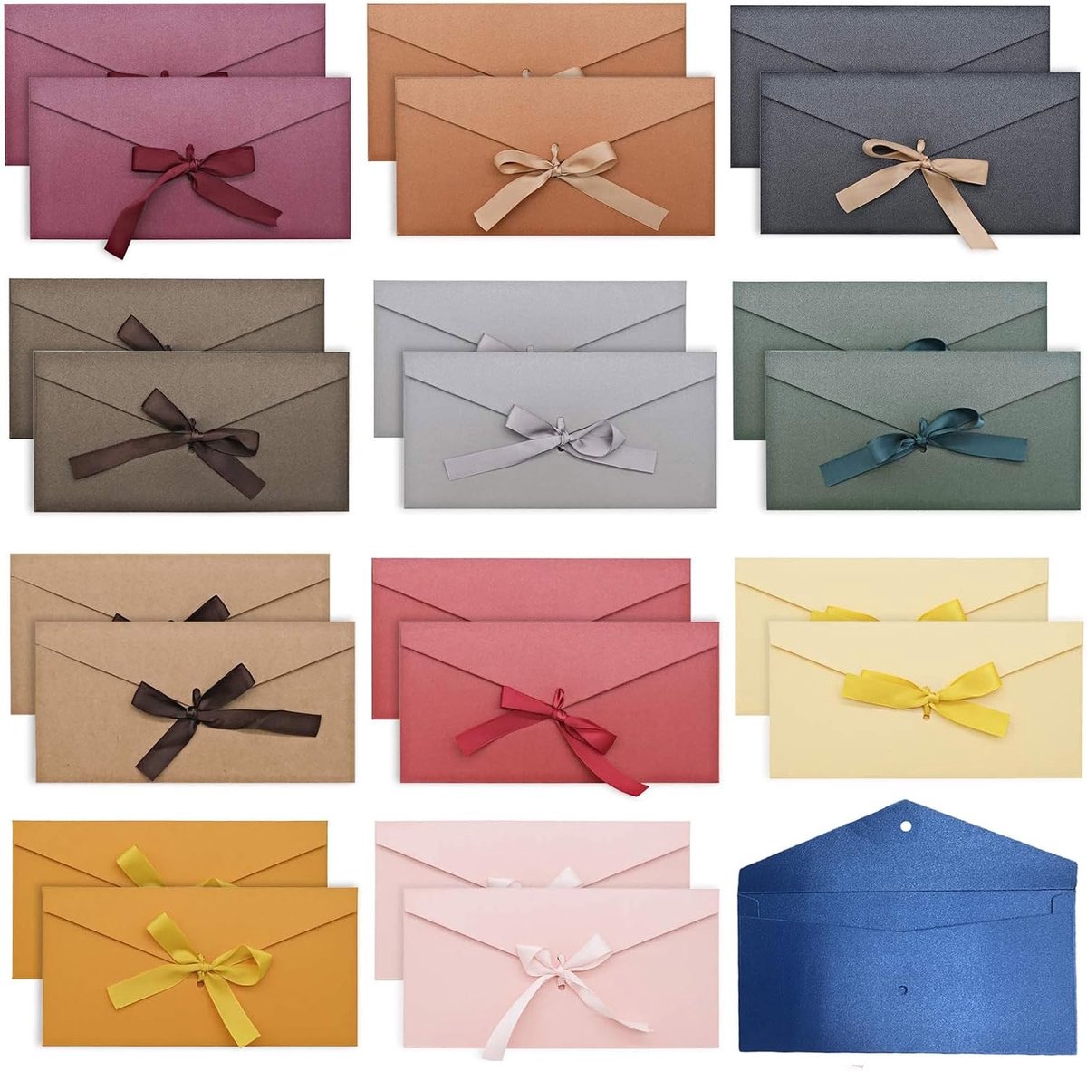 SnelShoppen - 24 Pcs Kleurrijke Kraft Papieren Enveloppen zonder Venster met Lint - 22 x 11 cm - Perfect voor Bruiloft, Verjaardag en Uitnodigingen