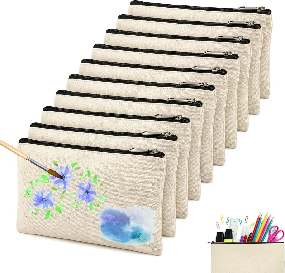 Set van 10 Lege Stoffen Tassen, Ideaal voor Schilderen, Multifunctionele Make-up Tas, Pennen Etui en Cosmetica Organizer
