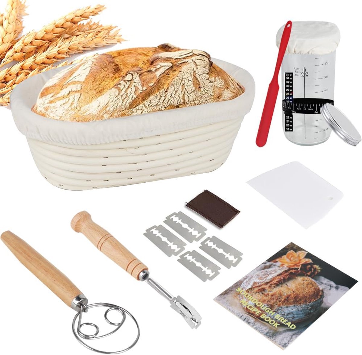 SnelShoppen - Sourdough Starter Set 10-delig - Oval Kookmand, Brooddozen, Bakaccessoires voor Professionele Thuisbakkers - Ideaal voor Brood, Bakken,