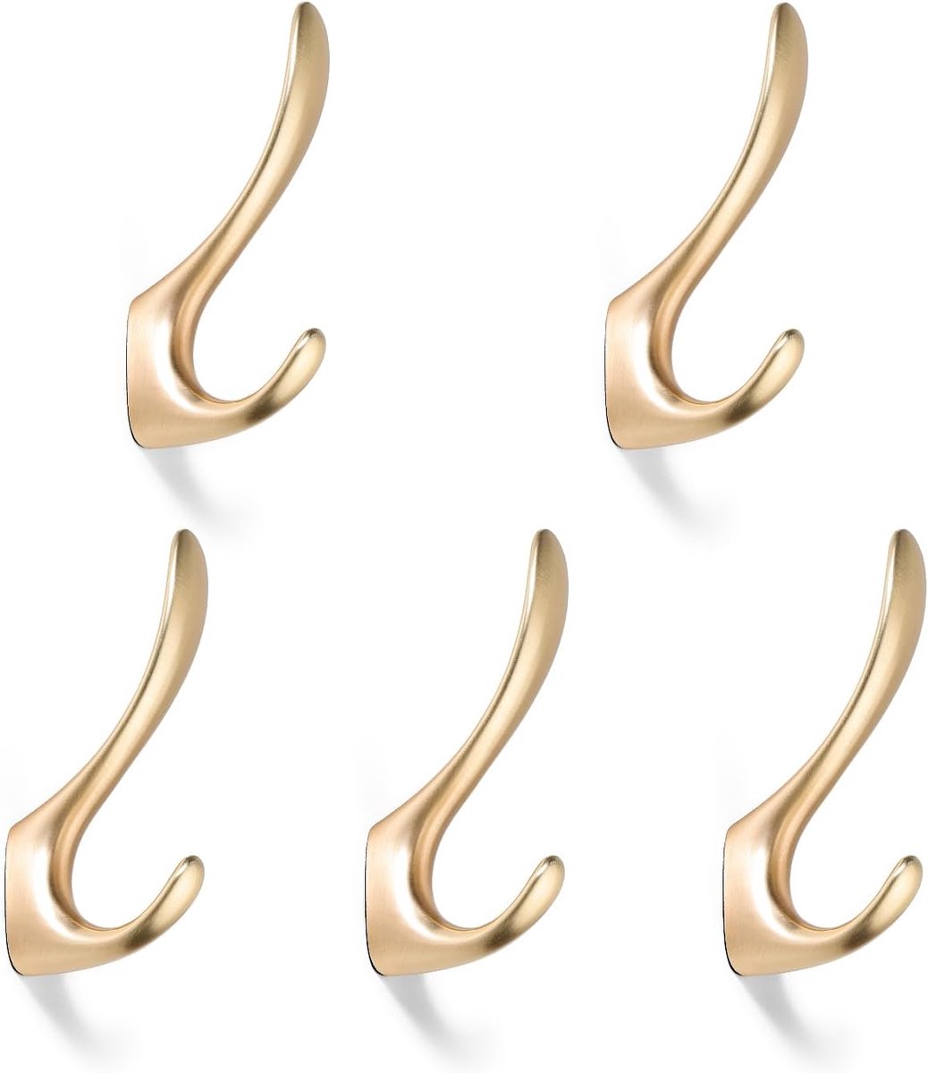 SnelShoppen - 5 Stuks Gouden Wandhaakjes - Dubbele Badjas Haken - Muurbevestigde Brushed Brass Haken voor Kleding en Handdoeken - Sterke en Duurzame M