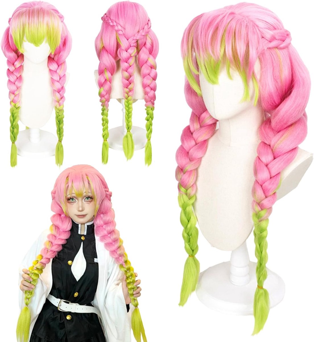 SnelShoppen - Anime Kanroji Mitsuri Cosplay Perucque voor Vrouwen, Lange Gevlochten Roze Groene Wieg, Fancy Dress Perucque voor Meisjes, Halloween Car
