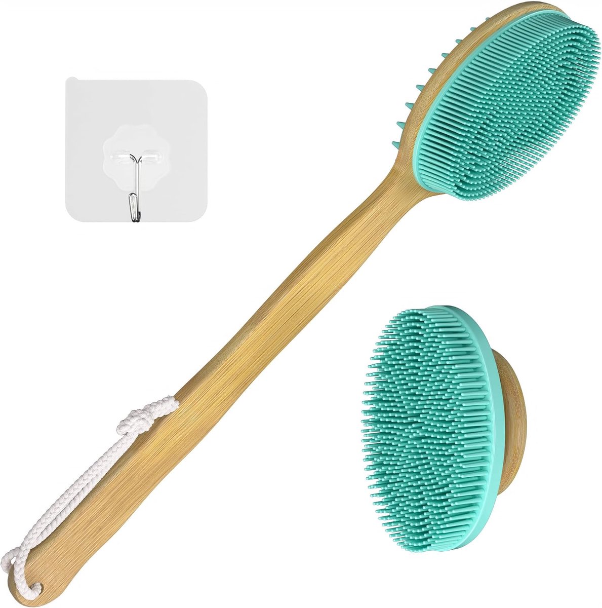 SnelShoppen - Bath brush met lange bamboo handvat, dubbelzijdig siliconen hoofd voor rugreiniging en hoofdmassage, inclusief gezichtsborstel