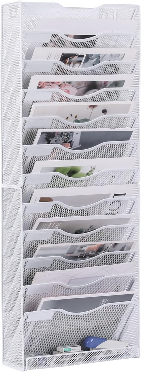 SnelShoppen - Wandhouder Documenten Organizer 13-Tier A4 Mappenhouder Mesh Wit - Ruimtebesparende Opbergruimte voor Kantoor, Thuis, School