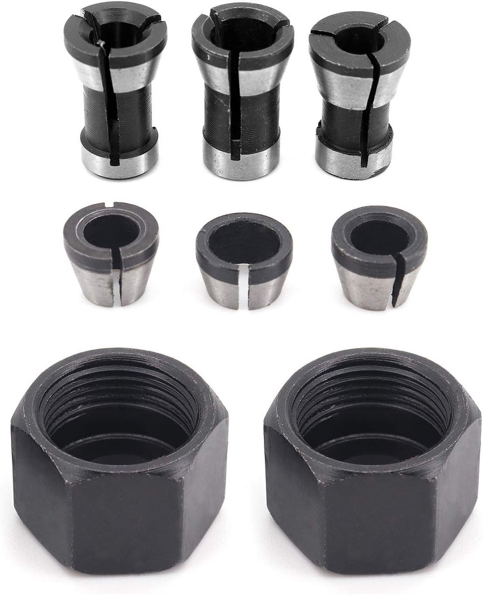 SnelShoppen - 6-Piece Router Bit Set met Collet Tensioner, Engraving Trimmer en Clamp Adapter - 6mm, 6.35mm, 8mm - Carbon Staal, 2 Stuks Moeren
