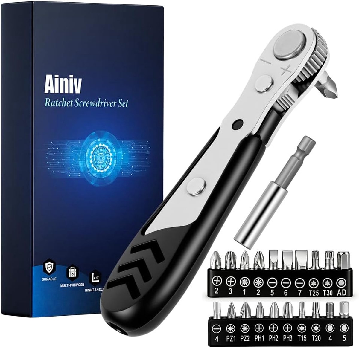SnelShoppen - Mini Ratchet Screwdriver Set 22-delig - Magnetische Dubbelzijdige 6 mm met 1 Verlengbalk en 20 Schroefbits - Ideaal voor Smalle Ruimtes