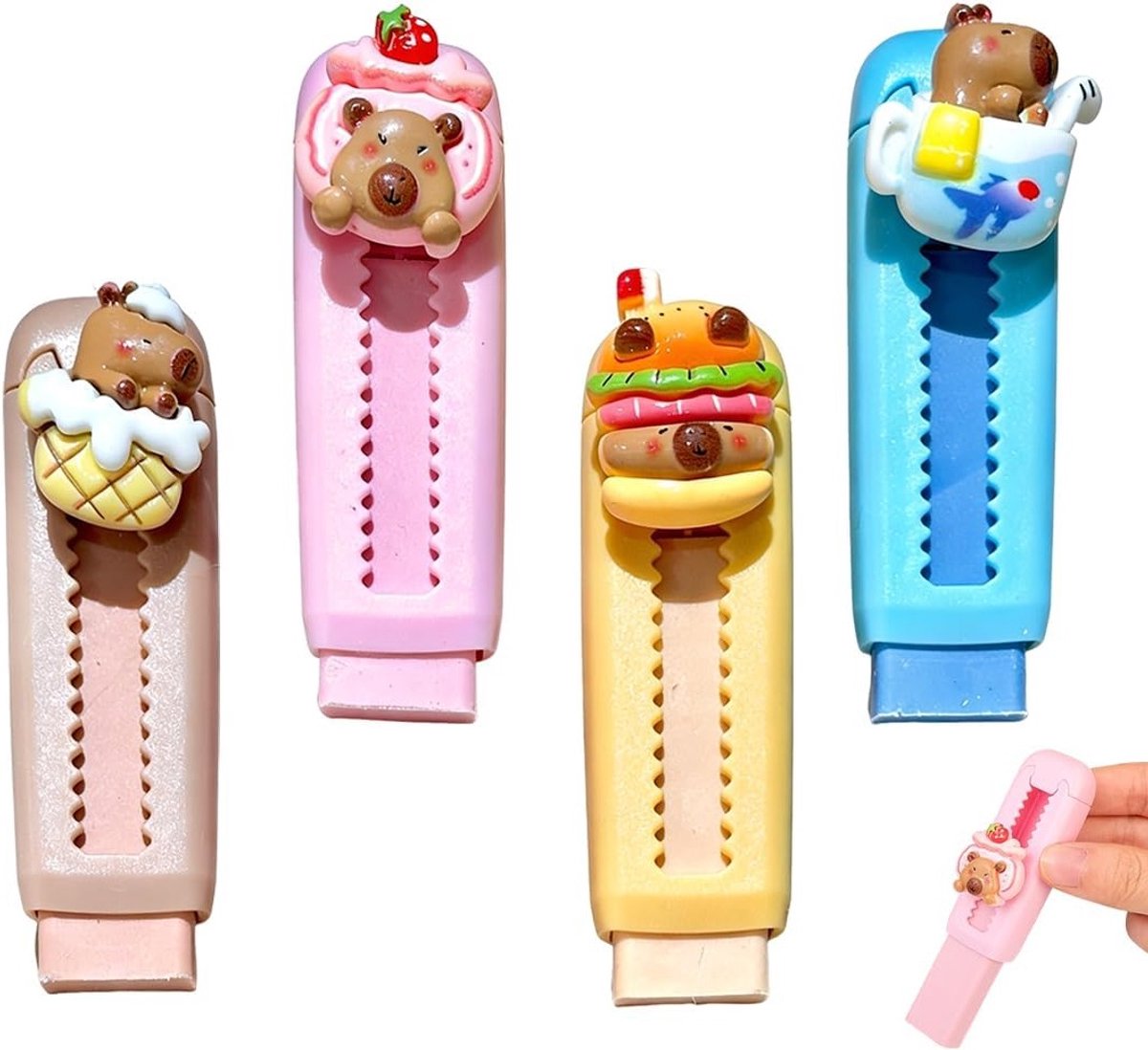 Set van 4 Capybara Gum, Inklapbare Gummen voor Kinderen en Studenten, Creatief Schoolmateriaal en Kantoorbenodigdheden