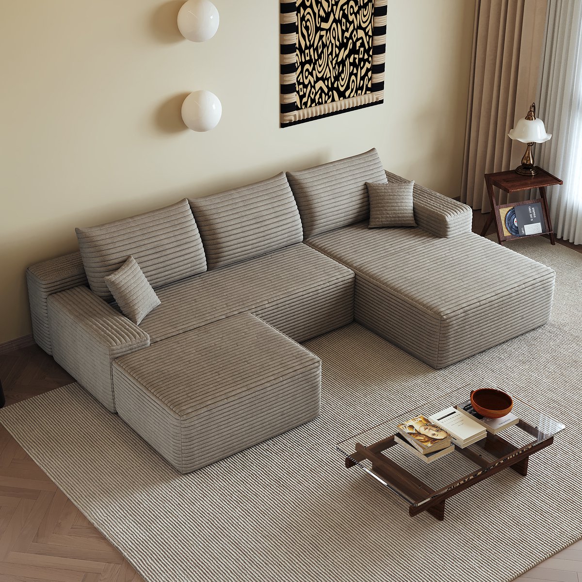 Hoekbank – Modulaire Bank Met L-Vormige Chaise Longue – Zonder Montage – Voor Woonkamer, Slaapkamer En Appartement – Ribfluweel – Camel
