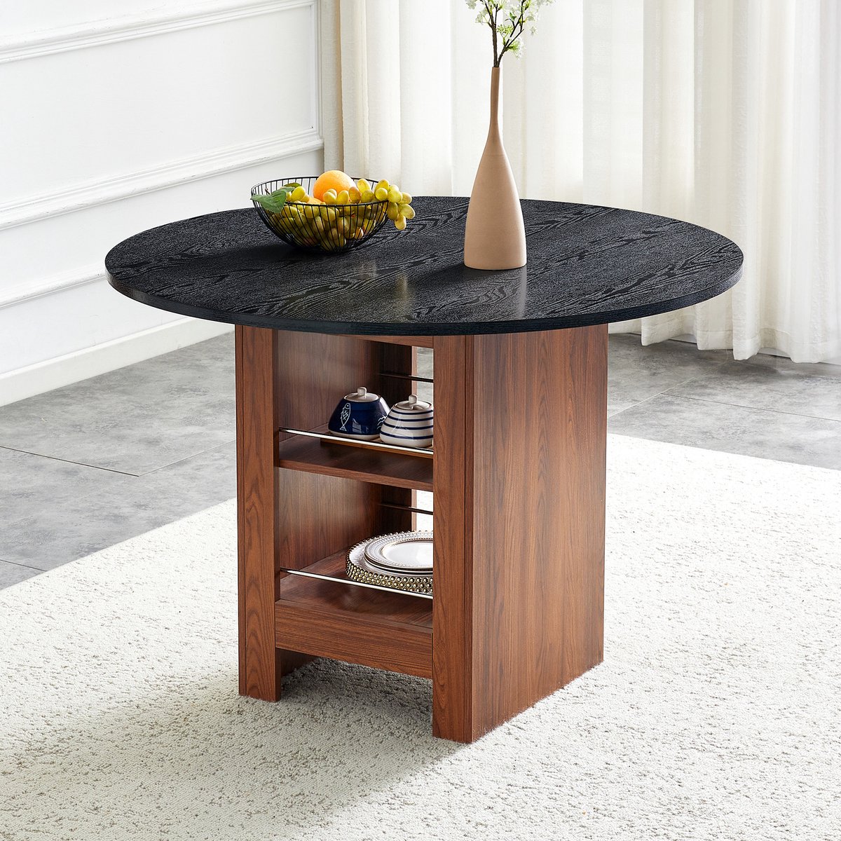 MODENUIT Ronde Eettafel - Opbergrek En Modern Design - Voor Keuken En Eetkamer - MDF - 100 Cm - Walnoot Zwart
