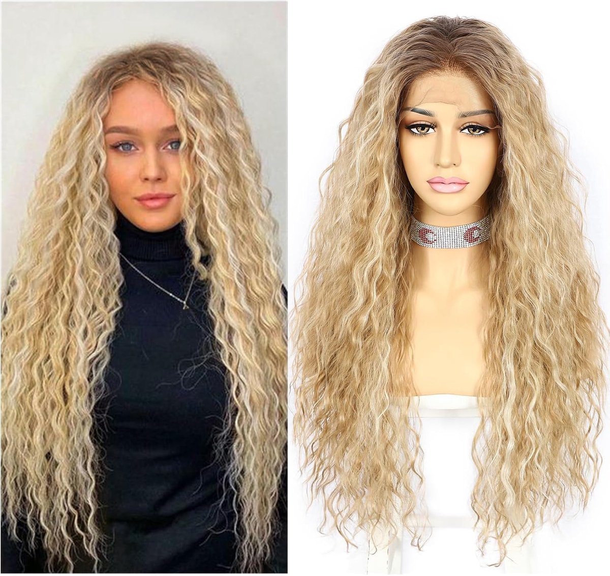 SnelShoppen - Curly Lace Front Wig Blond met Highlights - Synthetische Haarstuk voor Dames - Donkere Wortels - 26 Inch - 13x3 cm - Feest, Kerst, Hallo
