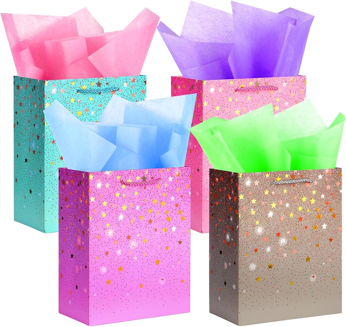 SnelShoppen - Set van 4 Luxe Inpakzakken voor Cadeaus, Papieren Giftbags in Roze, Paars, Groen en Grijs, Ideaal voor Feesten, Verjaardagen en Speciale