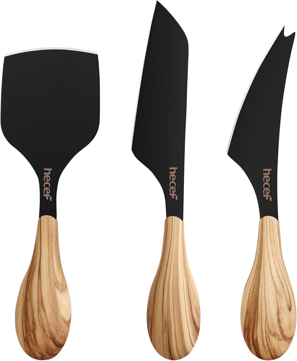 SnelShoppen - 3-delige Kaasmes Set - RVS met Zwarte Anti-aanbak Coating - Ergonomische Handvatten met Olijfhout Patroon - Geschikt voor Zachte en Hard