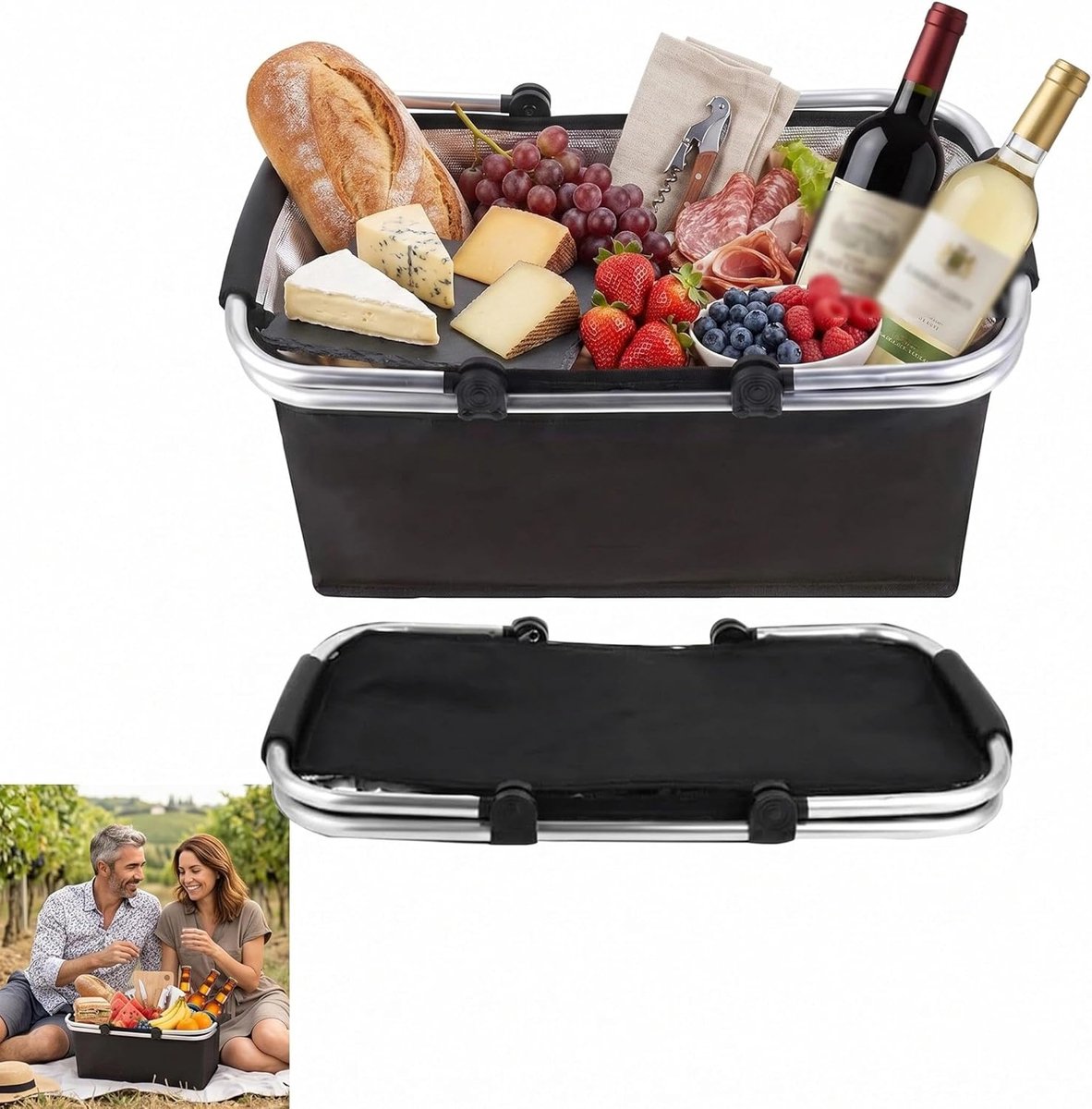 SnelShoppen - Vouwbare Koeltas, Thermische Picknickmand, Draagbare Winkeltas met Comfortabele Handvatten, Geschikt voor Reizen, Picknicken, Zwart