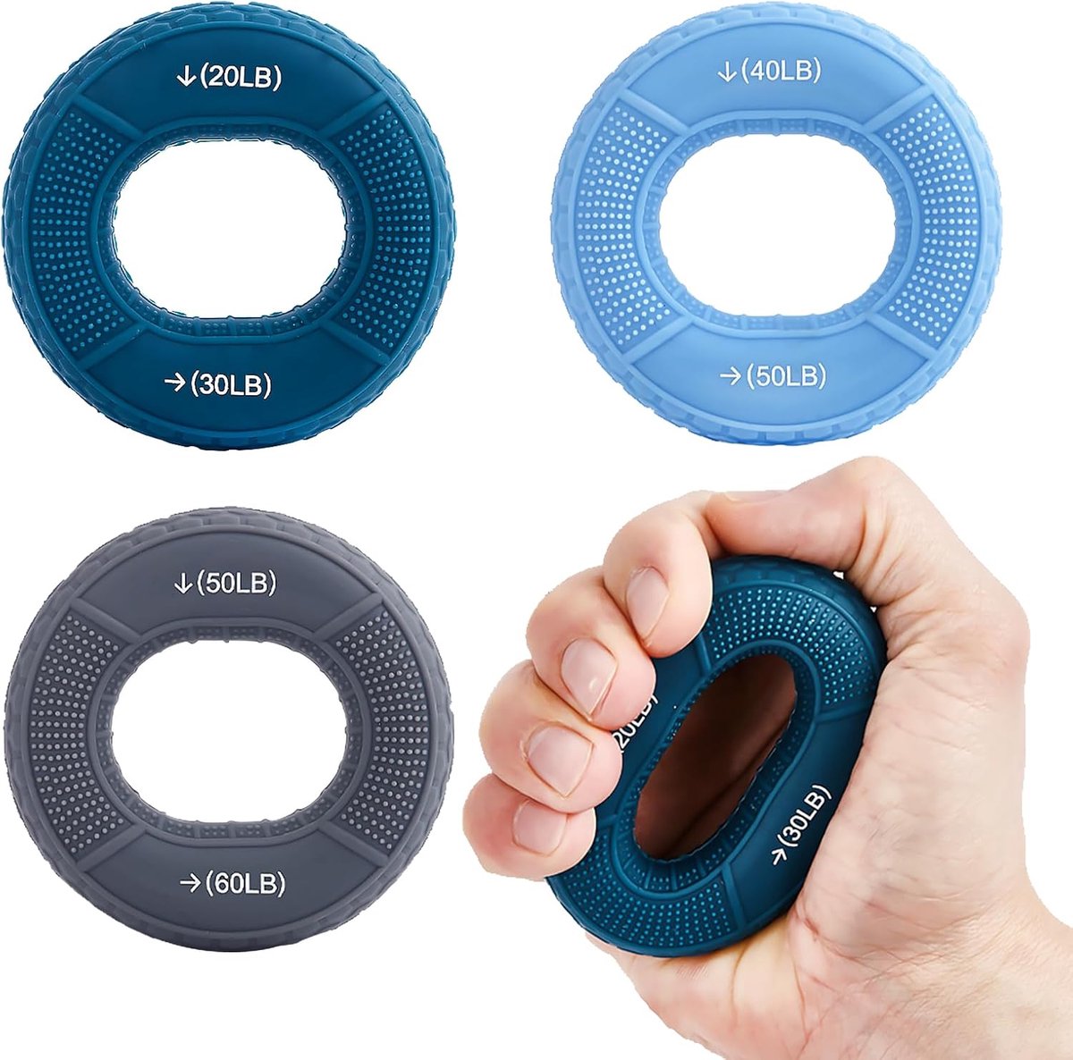 Handtrainer Set 3 Stuks – Hand Grip Strengthener – Knijpring met 5 Weerstandsniveaus 20-60LB – Siliconen Finger Trainer – Griptrainer voor Handkracht, Vingers, Onderarm, Revalidatie, Fitness en Klimmen